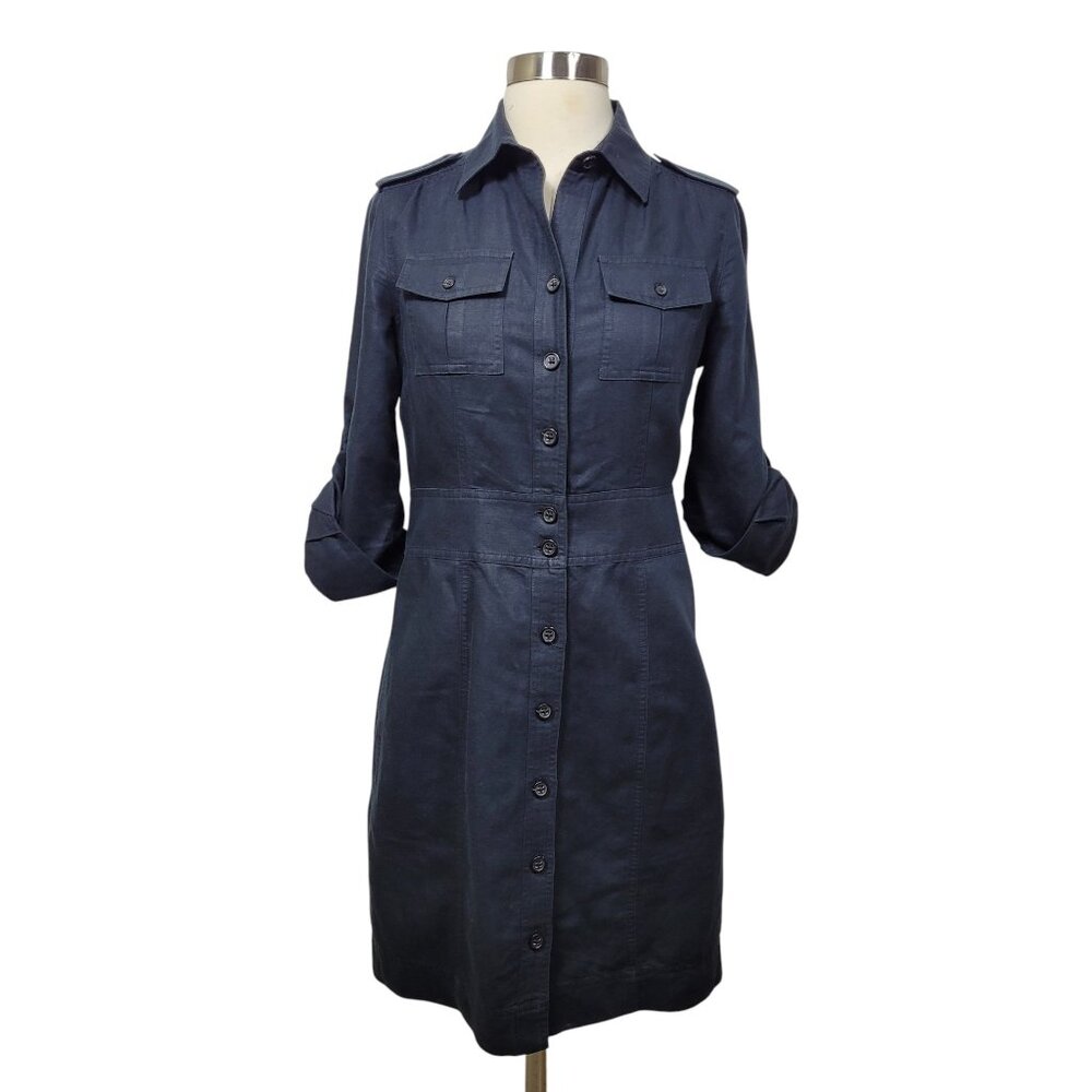 Banana Republic Women's Hemp Cotton Button-Up Shirt Dress Long Sleeve Black Sz 2